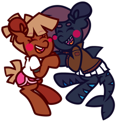 Size: 2988x3141 | Tagged: safe, artist:threetwotwo32232, derpibooru import, oc, oc only, oc:bloody crunch, oc:calamari sunrise, earth pony, original species, pony, shark, shark pony, blushing, clothes, ear fluff, ears, eyebrows, eyebrows visible through hair, eyes closed, female, high res, jacket, lesbian, mare, open mouth, open smile, sharp teeth, shirt, simple background, smiling, t-shirt, teeth, transparent background