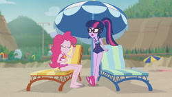 Size: 3410x1920 | Tagged: safe, derpibooru import, screencap, pinkie pie, sci-twi, twilight sparkle, equestria girls, equestria girls series, friendship math, bare shoulders, barefoot, beach, clothes, eyes closed, feet, female, geode of sugar bombs, geode of telekinesis, glasses, high res, jewelry, lounge chair, magical geodes, necklace, one-piece swimsuit, open mouth, ponytail, sandals, sleeveless, smiling, swimsuit