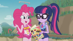 Size: 3410x1920 | Tagged: safe, derpibooru import, screencap, pinkie pie, sci-twi, twilight sparkle, better together, equestria girls, friendship math, bare shoulders, beach, book, clothes, female, geode of sugar bombs, geode of telekinesis, glasses, high res, jewelry, magazine, magazine cover, magical geodes, necklace, one-piece swimsuit, open mouth, ponytail, sleeveless, swimsuit