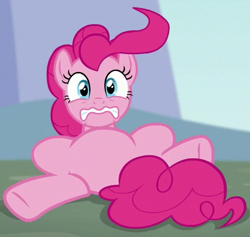 Size: 398x378 | Tagged: safe, artist:luckreza8, derpibooru import, screencap, pinkie pie, earth pony, pony, season 5, the one where pinkie pie knows, cropped, featureless crotch, female, frown, gritted teeth, lying down, mare, reaction image, solo, tripping, wavy mouth