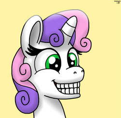 Size: 1609x1576 | Tagged: safe, artist:darkyboode32, derpibooru import, sweetie belle, pony, unicorn, bust, cute, diasweetes, female, filly, grin, happy, simple background, smiling, solo, teeth