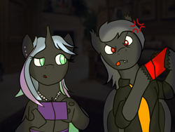 Size: 1024x768 | Tagged: safe, artist:tranzmuteproductions, derpibooru import, oc, oc only, bat pony, changeling, changeling queen, pony, bat pony oc, bust, changeling queen oc, clothes, controller, cross-popping veins, duo, female, jewelry, male, necklace, necktie, pearl necklace, tongue, tongue out, unshorn fetlocks