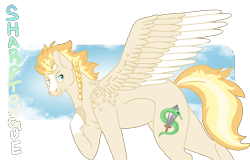 Size: 1316x844 | Tagged: safe, artist:dr4m4-qu33n, derpibooru import, oc, oc only, pegasus, pony, snake, braid, colored wings, female, hoof on chest, mare, offspring, parent:silver shill, parent:spitfire, pegasus oc, simple background, solo, story included, sword, transparent background, two toned wings, weapon, wings