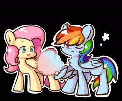 Size: 2119x1750 | Tagged: safe, artist:yilo995780779, derpibooru import, fluttershy, rainbow dash, pegasus, pony, :t, black background, chest fluff, cotton candy, duo, duo female, eye clipping through hair, eyebrows, eyebrows visible through hair, female, folded wings, food, mare, multicolored hair, one eye closed, open mouth, open smile, outline, pink mane, rainbow hair, simple background, smiling, standing, stars, white outline, wing hands, wings
