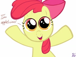 Size: 1024x768 | Tagged: safe, artist:gissele365, derpibooru import, apple bloom, earth pony, pony, adorabloom, apple bloom's bow, bow, bust, cute, female, filly, front view, hair bow, looking at you, open mouth, open smile, orange eyes, red mane, signature, simple background, smiling, solo, text, white background