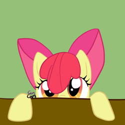 Size: 1024x1024 | Tagged: safe, artist:camcamtehcamsta, derpibooru import, apple bloom, earth pony, pony, adorabloom, apple bloom's bow, bow, cute, female, filly, hair bow, looking at you, orange eyes, red mane, signature, solo, table