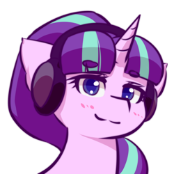 Size: 512x512 | Tagged: safe, artist:ninebuttom, derpibooru import, starlight glimmer, pony, unicorn, beanbrows, blushing, bust, eyebrows, eyebrows visible through hair, eyelashes, female, headphones, horn, mare, portrait, s5 starlight, simple background, smiling, solo, transparent background