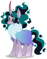 Size: 1280x1610 | Tagged: safe, artist:venomous-cookietwt, derpibooru import, oc, oc only, pony, unicorn, clothes, curved horn, eyelashes, eyeshadow, fangs, female, horn, makeup, mare, offspring, parent:king sombra, parent:mistmane, shadow, simple background, smiling, solo, standing, tail, transparent background, two toned mane, two toned tail, unicorn oc