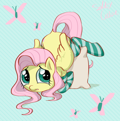 Size: 1218x1234 | Tagged: safe, artist:saltycube, derpibooru exclusive, derpibooru import, fluttershy, butterfly, pegasus, pony, abstract background, ass up, clothes, female, mare, pillow, socks, solo, striped socks, wings