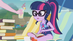 Size: 3410x1920 | Tagged: safe, derpibooru import, screencap, pinkie pie, sci-twi, twilight sparkle, better together, equestria girls, friendship math, bare shoulders, beach, clothes, female, food, geode of telekinesis, glasses, high res, jewelry, juice, lemonade, lounge chair, magical geodes, necklace, offscreen character, one-piece swimsuit, open mouth, ponytail, sleeveless, solo focus, swimsuit