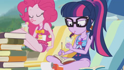 Size: 3410x1920 | Tagged: safe, derpibooru import, screencap, pinkie pie, sci-twi, twilight sparkle, better together, equestria girls, friendship math, bare shoulders, beach, clothes, drinking, eyes closed, female, geode of sugar bombs, geode of telekinesis, glasses, high res, jewelry, juice, lemonade, lounge chair, magical geodes, necklace, one-piece swimsuit, ponytail, sleeveless, swimsuit