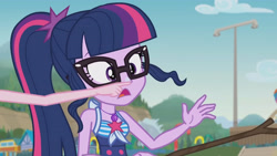 Size: 3410x1920 | Tagged: safe, derpibooru import, screencap, pinkie pie, sci-twi, twilight sparkle, better together, equestria girls, friendship math, bare shoulders, beach, boop, clothes, female, geode of telekinesis, glasses, high res, jewelry, magical geodes, necklace, offscreen character, one-piece swimsuit, open mouth, ponytail, sleeveless, solo focus, sunscreen, swimsuit