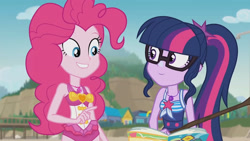 Size: 3410x1920 | Tagged: safe, derpibooru import, screencap, pinkie pie, sci-twi, twilight sparkle, better together, equestria girls, friendship math, bare shoulders, beach, book, clothes, duo, duo female, female, geode of sugar bombs, geode of telekinesis, glasses, grin, high res, jewelry, magical geodes, necklace, one-piece swimsuit, ponytail, sleeveless, smiling, sunscreen, swimsuit