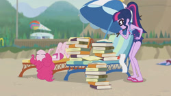 Size: 3410x1920 | Tagged: safe, derpibooru import, screencap, pinkie pie, sci-twi, twilight sparkle, better together, equestria girls, friendship math, bare shoulders, beach, book, clothes, eyes closed, female, geode of telekinesis, glasses, high res, jewelry, lounge chair, magical geodes, necklace, one-piece swimsuit, ponytail, sleeveless, swimsuit