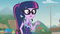 Size: 3410x1920 | Tagged: safe, derpibooru import, screencap, sci-twi, twilight sparkle, better together, equestria girls, friendship math, bare shoulders, beach, clothes, female, geode of telekinesis, glasses, high res, jewelry, magical geodes, necklace, one-piece swimsuit, open mouth, ponytail, sleeveless, solo, swimsuit