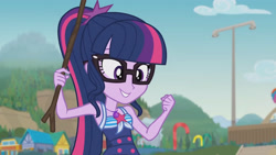Size: 3410x1920 | Tagged: safe, derpibooru import, screencap, sci-twi, twilight sparkle, better together, equestria girls, friendship math, bare shoulders, beach, clothes, female, geode of telekinesis, glasses, high res, jewelry, magical geodes, necklace, one-piece swimsuit, ponytail, sleeveless, smiling, solo, swimsuit