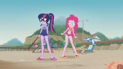 Size: 3410x1920 | Tagged: safe, derpibooru import, screencap, pinkie pie, sci-twi, twilight sparkle, better together, equestria girls, friendship math, bare shoulders, beach, clothes, female, geode of sugar bombs, geode of telekinesis, glasses, high res, jewelry, lounge chair, magical geodes, necklace, one-piece swimsuit, ponytail, sandals, sleeveless, smiling, swimsuit