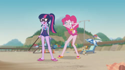 Size: 3410x1920 | Tagged: safe, derpibooru import, screencap, pinkie pie, sci-twi, twilight sparkle, better together, equestria girls, friendship math, bare shoulders, beach, clothes, female, geode of sugar bombs, geode of telekinesis, glasses, high res, jewelry, lounge chair, magical geodes, necklace, one-piece swimsuit, open mouth, ponytail, sandals, sleeveless, swimsuit