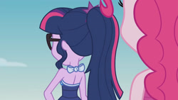 Size: 3410x1920 | Tagged: safe, derpibooru import, screencap, pinkie pie, sci-twi, twilight sparkle, better together, equestria girls, friendship math, bare shoulders, beach, clothes, female, glasses, high res, jewelry, one-piece swimsuit, open-back swimsuit, ponytail, sleeveless, swimsuit