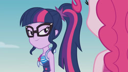 Size: 3410x1920 | Tagged: safe, derpibooru import, screencap, pinkie pie, sci-twi, twilight sparkle, better together, equestria girls, friendship math, >:), bare shoulders, beach, clothes, cute, evil grin, female, geode of telekinesis, glasses, high res, jewelry, magical geodes, necklace, one-piece swimsuit, out of context, ponytail, sky, sleeveless, smiling, smirk, solo focus, swimsuit, twiabetes