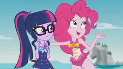 Size: 3410x1920 | Tagged: safe, derpibooru import, screencap, pinkie pie, sci-twi, twilight sparkle, better together, equestria girls, friendship math, bare shoulders, beach, clothes, duo, duo female, female, geode of sugar bombs, geode of telekinesis, glasses, high res, jewelry, magical geodes, necklace, one-piece swimsuit, open mouth, ponytail, sleeveless, smiling, swimsuit