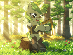 Size: 800x600 | Tagged: safe, artist:rangelost, derpibooru import, oc, oc only, oc:rhythm fruit, pony, unicorn, crepuscular rays, forest, musical instrument, solo, tree stump