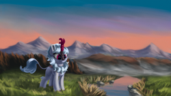 Size: 4000x2250 | Tagged: safe, artist:flusanix, derpibooru import, oc, oc only, oc:windshear, kirin, female, forest, high res, kirin oc, mountain, mountain range, scenery, smiling, solo, water