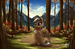 Size: 5100x3300 | Tagged: safe, artist:supermoix, derpibooru import, oc, oc only, pegasus, pony, autumn, beautiful, bush, clothes, cloud, coffee, commission, cute, dawn, forest, grass, hoof hold, lidded eyes, mountain, mug, outdoors, scarf, scenery, signature, sitting, sky, smiling, solo, spread wings, stars, steam, tree, wings
