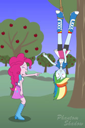 Size: 730x1095 | Tagged: safe, artist:phantomshadow051, derpibooru import, pinkie pie, rainbow dash, equestria girls, hanging, laughing, pointing, tree, upside down