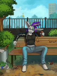 Size: 900x1200 | Tagged: safe, artist:lexx2dot0, derpibooru import, rarity, anthro, unguligrade anthro, unicorn, alternate hairstyle, bench, big ears, can, clothes, cyrillic, ears, female, jacket, jeans, leather jacket, pants, punk, raripunk, russian, solo, spread legs, spreading