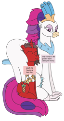 Size: 1739x3264 | Tagged: safe, alternate version, artist:supahdonarudo, derpibooru exclusive, derpibooru import, queen novo, oc, oc:ironyoshi, classical hippogriff, hippogriff, unicorn, my little pony: the movie, hug, meme, ponified, ponified meme, reference, sitting, snuggling, text, text box, winghug, wings