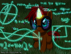 Size: 800x600 | Tagged: safe, artist:rangelost, derpibooru import, oc, oc only, oc:pilicious, pony, unicorn, glasses, glowing, glowing horn, grass, horn, math, pixel art, sitting, solo, unicorn oc