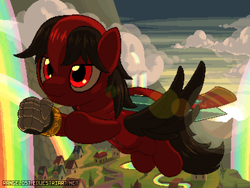 Size: 800x600 | Tagged: safe, artist:rangelost, derpibooru import, oc, oc only, oc:zero, pegasus, pony, clothes, cloud, commission, flight, flight suit, flying, liquid rainbow, looking at something, multicolored mane, pegasus oc, pixelated, rainbow, rainbow falls (location), rainbow waterfall, red eyes, river, solo, spread wings, wings