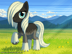 Size: 800x600 | Tagged: safe, artist:rangelost, derpibooru import, oc, oc only, earth pony, pony, female, grass, grass field, hair over one eye, looking at you, mountain, pixel art, scenery, solo