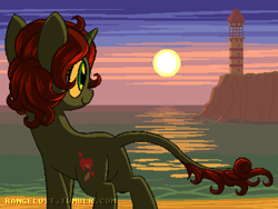 Size: 800x600 | Tagged: safe, artist:rangelost, derpibooru import, oc, oc only, pony, unicorn, beach, cliff, curly hair, curly mane, green eyes, horn, leonine tail, lighthouse, ocean, rear view, sand, smiling, solo, sundown, sunset, tail, unicorn oc, water