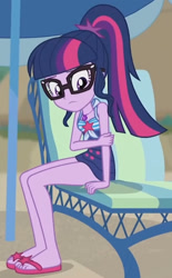 Size: 933x1504 | Tagged: safe, derpibooru import, screencap, sci-twi, twilight sparkle, better together, equestria girls, friendship math, bare shoulders, beach, clothes, cropped, female, glasses, one-piece swimsuit, sandals, sitting, sleeveless, solo, swimsuit