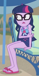 Size: 740x1442 | Tagged: safe, derpibooru import, screencap, sci-twi, twilight sparkle, better together, equestria girls, friendship math, bare shoulders, clothes, cropped, female, glasses, one-piece swimsuit, open mouth, sandals, sitting, sleeveless, solo, surprised, swimsuit