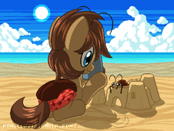 Size: 800x600 | Tagged: safe, artist:rangelost, derpibooru import, oc, oc only, oc:general scuttles, bug pony, insect, pony, beach, sandcastle, solo