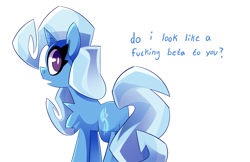 Size: 3400x2200 | Tagged: safe, artist:nekosnicker, derpibooru import, trixie, pony, unicorn, chest fluff, dialogue, looking at you, looking back, solo, vulgar