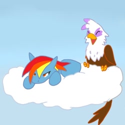 Size: 400x400 | Tagged: safe, artist:kushina13, derpibooru import, gilda, rainbow dash, griffon, pegasus, pony, butt, cloud, duo, eyes closed, female, folded wings, gradient background, laughing, lying down, lying on a cloud, mare, on a cloud, open mouth, open smile, plot, sky, smiling, tail, wings