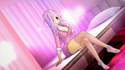 Size: 1920x1080 | Tagged: safe, artist:ratachu666, derpibooru import, fluttershy, equestria girls, 3d, breasts, cleavage, crossed legs, female, fishnets, hootershy, koikatsu, looking at you, nurse, nurse outfit, one eye closed, sitting, syringe, wink, winking at you