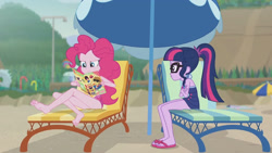 Size: 3410x1920 | Tagged: safe, derpibooru import, screencap, pinkie pie, sci-twi, twilight sparkle, equestria girls, equestria girls series, friendship math, bare shoulders, barefoot, beach, book, clothes, feet, female, geode of telekinesis, glasses, high res, jewelry, lounge chair, magazine, magazine cover, magical geodes, necklace, one-piece swimsuit, ponytail, sandals, sleeveless, smiling, swimsuit