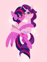 Size: 1125x1500 | Tagged: safe, artist:dawnfire, rarity, twilight sparkle, twilight sparkle (alicorn), alicorn, pony, unicorn, bedroom eyes, blushing, commission, embrace, eye contact, female, holding a pony, holding each other, hug, lesbian, looking at each other, mare, rarilight, shipping, smiling, smiling at each other, sparkles