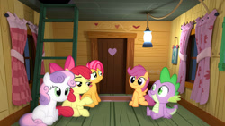 Size: 1192x670 | Tagged: safe, artist:alixnight, edit, editor:undeadponysoldier, apple bloom, babs seed, scootaloo, spike, sweetie belle, dragon, earth pony, pegasus, pony, unicorn, 3d, 3d background, best friends, clubhouse, crusaders clubhouse, cutie mark crusaders, door, female, filly, freckles, hanging out, ladder, light, male, sitting, sleepover, window