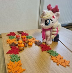 Size: 2989x3016 | Tagged: safe, artist:xeto_de, oc, oc only, oc:lily allure, pony, unicorn, blue eyes, bow, female, hair accessory, hair bow, horn, irl, leaves, mare, plushie, pumpkin, scarf, smiling, solo, unicorn oc