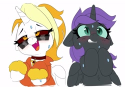 Size: 2423x1690 | Tagged: safe, artist:pabbley, oc, oc only, oc:dyx, oc:nyx, alicorn, pony, alicorn oc, belly button, blushing, choker, clothes, cute, cute little fangs, duo, duo female, ears, fangs, female, filly, floppy ears, gritted teeth, heart eyes, jacket, open mouth, siblings, simple background, sisters, smiling, sunglasses, sweat, white background, wingding eyes