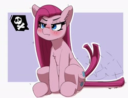 Size: 2499x1913 | Tagged: safe, artist:pabbley, pinkie pie, earth pony, pony, :t, angry, blushing, chest fluff, cute, cuteamena, diapinkes, ear fluff, ears, female, frown, grumpy, lidded eyes, madorable, mare, pinkamena diane pie, pouting, sitting, skull and crossbones, solo, tail, tail wag