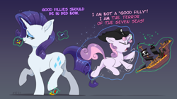 Size: 3988x2236 | Tagged: safe, artist:xbi, derpibooru import, rarity, sweetie belle, pony, unicorn, bedtime, belle sisters, best sisters, cannon, cute, diasweetes, duo, female, filly, flailing, gradient background, hat, imminent pain, lego, legs, levitation, magic, mare, pirate, pirate hat, pirate ship, pure unfiltered evil, ship, siblings, sisters, stepping on a lego, tabun art-battle finished after, telekinesis, this will not end well, toy