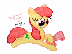 Size: 2500x1904 | Tagged: safe, artist:nicolaykoriagin, derpibooru import, apple bloom, earth pony, pony, bloom and gloom, bow, crying, cutie mark, female, filly, lying down, prone, solo