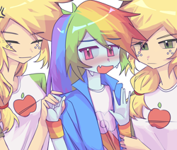 Size: 1680x1426 | Tagged: safe, artist:daitangsugar, derpibooru import, applejack, rainbow dash, equestria girls, appledash, duality, eyes closed, female, lesbian, open mouth, rainbow dash gets all the applejacks, self ponidox, shipping, sweat, sweatdrops